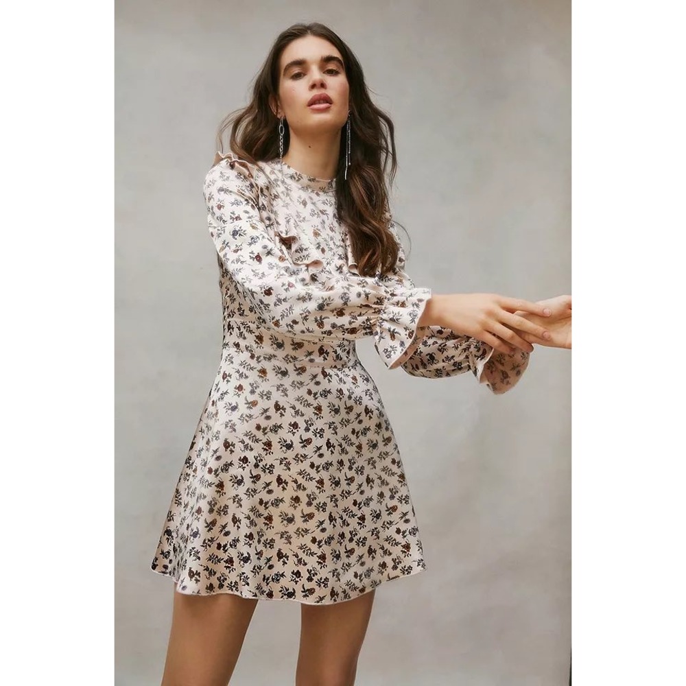 Laura Ashley Urban Outfitters Floral Satin Ruffle Mini Dress Pink Small